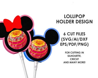 May include: Two lollipop holders shaped like Mickey Mouse ears. The holder on the left is pink with a red bow and the holder on the right is blue. Both holders have a clear circle in the center for a lollipop.