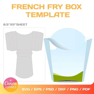 Op de afbeelding: Een printbare sjabloon voor een frietbak. De sjabloon wordt weergegeven op een witte achtergrond met een 3D-weergave van de doos op de achtergrond. De sjabloon is 8,5 inch bij 11 inch en is bewerkbaar in Canva.