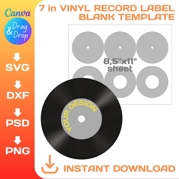 Vinyl Record label BLANK template, 7 inches, DIY, custom, Record Label Sticker, svg, png, dxf, Cricut, Canva, Silhouette, Instant Download