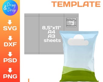May include: A blank chip bag template in a light blue color with a white cloud and green grass design. The template is 8.5 inches by 11 inches and can be printed on A4 or A3 sheets. The template includes a nutrition facts label.