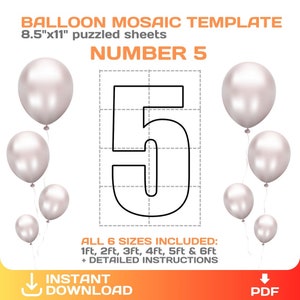 number 5, Mosaic from balloons, DIY, giant, five number template, party mosaic numbers, printable, 8.5 x 11 PDF, digital, instant download