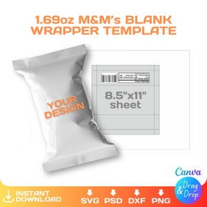 Lege sjabloon M&M's wrapper, Candy Wrapper, DIY, feestgunst, svg, png, dxf, bewerkbaar, Cricut, canvas, 1,69 oz, direct downloaden