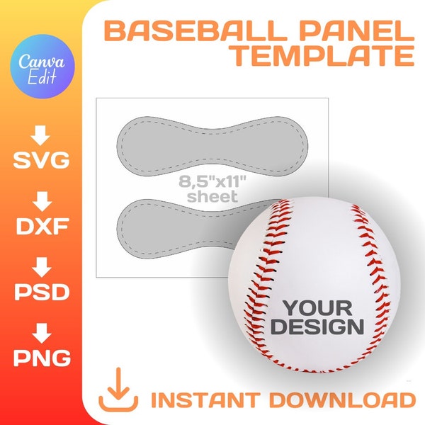 Plantilla de panel de béisbol, envoltura de pelota personalizada de bricolaje, plantilla en blanco de cuero de béisbol, svg, png, dxf, psd, descarga instantánea