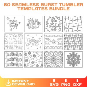 May include: A set of 60 black and white Christmas-themed seamless patterns for tumblers. The patterns include snowflakes, candy canes, reindeer, angels, and more. The patterns are perfect for creating custom tumblers for the festive season.