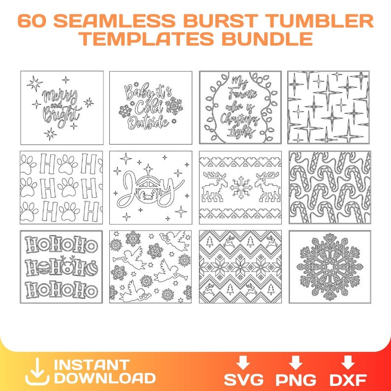 May include: A set of 60 black and white Christmas-themed seamless patterns for tumblers. The patterns include snowflakes, candy canes, reindeer, angels, and more. The patterns are perfect for creating custom tumblers for the festive season.