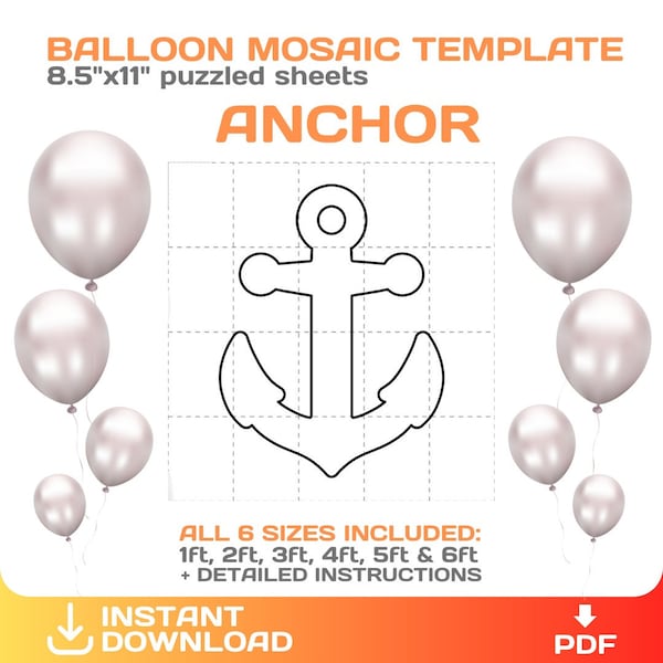 Anchor mosaic from balloons, DIY, nautical party, sea theme decor, mermaid birthday, mosaic stencil template, under the sea, pdf, download