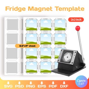 Puede incluir: Una plantilla de imán para nevera con una hoja de imanes de 21,59 cm x 27,94 cm y un tamaño de 5,08 cm x 5,08 cm. La plantilla incluye un cortador de imanes con un mango rojo. La imagen también muestra los tipos de archivo: SVG, PSD, PNG, EPS, PDF y DXF.
