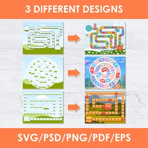 Op de afbeelding: Een afbeelding met drie verschillende bordspelontwerpen. Het bovenste ontwerp is een kronkelend pad, het midden is een spiraal en de onderkant is een raster. Elk ontwerp heeft een bijbehorend afgewerkt spel met kleurrijke illustraties. Tekst bevat "3 DIFFERENT DESIGNS" en "SVG/PSD/PNG/PDF/EPS".