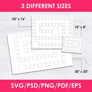 Puede incluir: Tres plantillas de tablero de juego blancas en diferentes tama&ntilde;os: 50,8 cm x 40,6 cm, 25,4 cm x 20,3 cm y 76,2 cm x 50,8 cm. Cada tablero presenta un camino de forma cuadrada con esquinas redondeadas. La imagen incluye el texto "3 DIFFERENT SIZES" y "SVG/PSD/PNG/PDF/EPS".