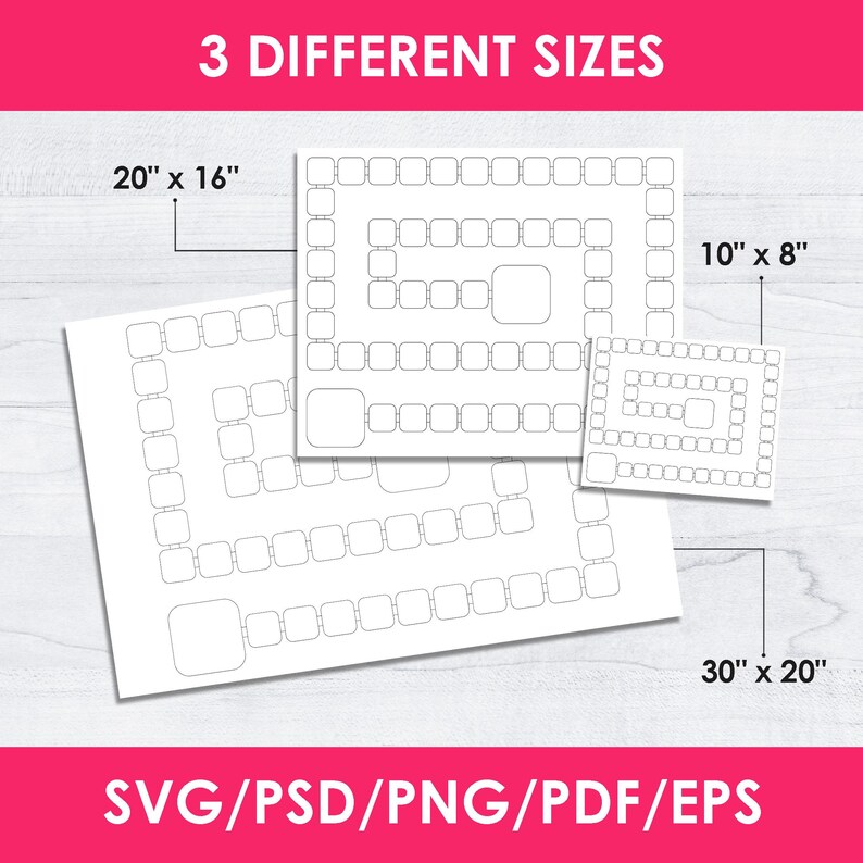 Puede incluir: Tres plantillas de tablero de juego blancas en diferentes tama&ntilde;os: 50,8 cm x 40,6 cm, 25,4 cm x 20,3 cm y 76,2 cm x 50,8 cm. Cada tablero presenta un camino de forma cuadrada con esquinas redondeadas. La imagen incluye el texto "3 DIFFERENT SIZES" y "SVG/PSD/PNG/PDF/EPS".