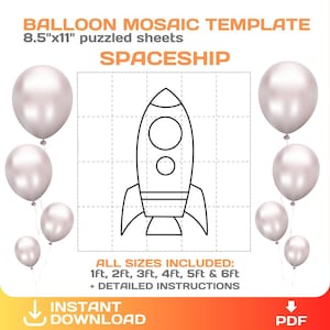 Puede incluir: Plantilla digital para un mosaico de globos con forma de nave espacial. El diseño incluye una cuadrícula, un contorno de cohete y varios globos color perla. El texto incluye "BALLOON MOSAIC TEMPLATE" y "8.5"x11" puzzled sheets". La plantilla incluye instrucciones.