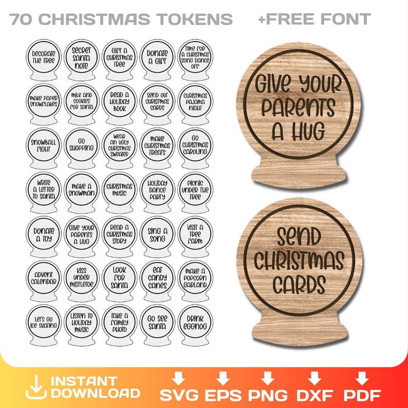Op de afbeelding: Een verzameling van 70 kersttokens met diverse feestelijke activiteiten, zoals "De boom versieren" en "Kerstkaarten versturen". Twee houten tokens tonen de zinnen "Geef je ouders een knuffel" en "Stuur kerstkaarten".