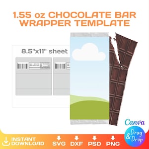 Chocolate bar wrapper blank template, Candy Bar Wrapper, svg, png, dxf, DIY, editable, Cricut, Canva, Silhouette, 1.55 oz, Instant Download