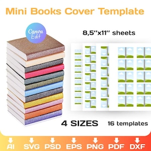 May include: A stack of mini book cover templates with glittery covers in various colors. The image includes a sheet of templates and text that reads "Mini Books Cover Template", "8.5"x11" sheets", "4 SIZES", and "16 templates".