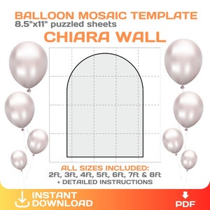 Pode incluir: Um modelo imprimível para uma parede de mosaico de balões, com uma grande forma de arco. O modelo inclui instruções e está disponível em tamanhos de 2 a 8 pés. A imagem mostra uma forma de arco branco sobre um fundo de grade com balões prateados.