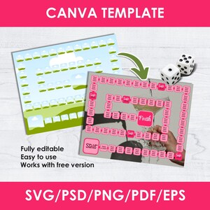 Puede incluir: Un dise&ntilde;o de plantilla de Canva con dos tableros de juego con acentos rosas y grises. Un tablero tiene un dise&ntilde;o de paisaje, y el otro tiene un dise&ntilde;o de tablero de juego con cuadros de texto. La imagen incluye dados y el texto "CANVA TEMPLATE".