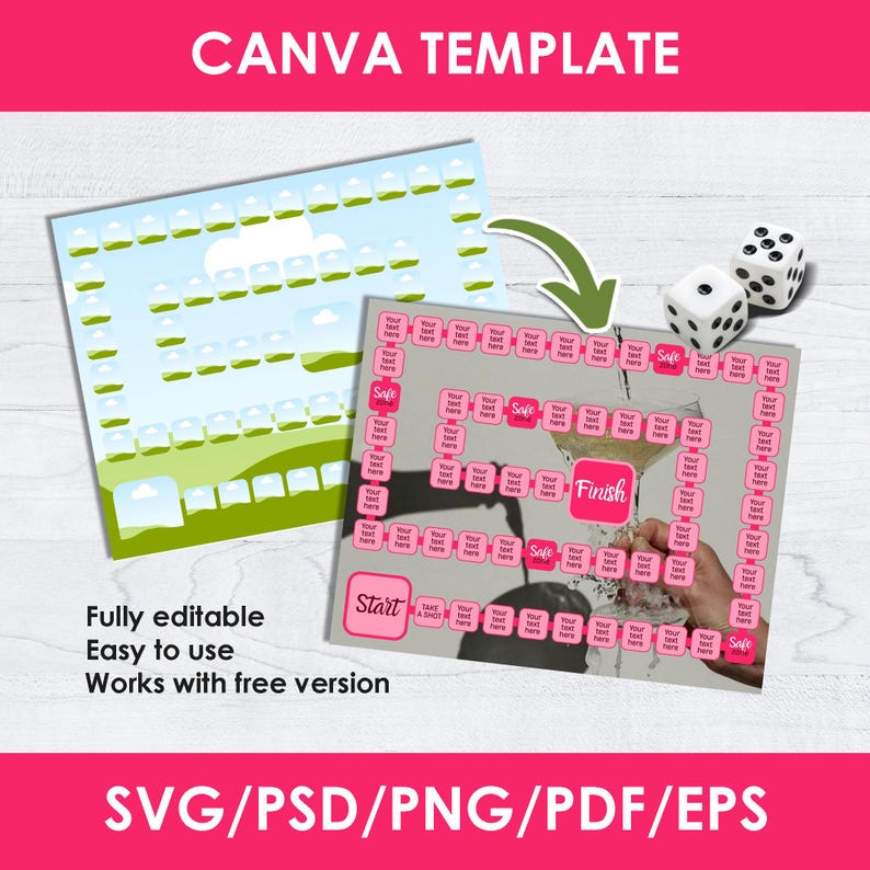 Puede incluir: Un dise&ntilde;o de plantilla de Canva con dos tableros de juego con acentos rosas y grises. Un tablero tiene un dise&ntilde;o de paisaje, y el otro tiene un dise&ntilde;o de tablero de juego con cuadros de texto. La imagen incluye dados y el texto "CANVA TEMPLATE".