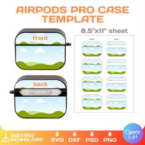 May include: A template for an AirPods Pro case with a landscape design. The template includes a front and back view of the case, as well as a sheet with individual pieces for printing. The case features a blue sky with white clouds and green hills.