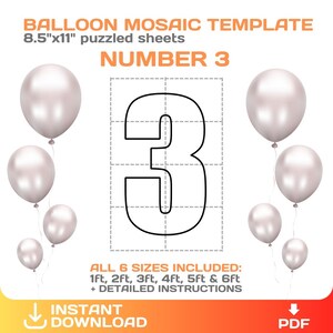 number 3, Mosaic from balloons, DIY, giant three number template, party mosaic numbers, printable, 8.5x11 PDF, digital, instant download
