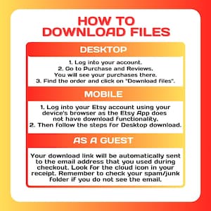 Puede incluir: Un gr&aacute;fico amarillo, naranja y rojo con el texto "HOW TO DOWNLOAD FILES" en negro. El gr&aacute;fico proporciona instrucciones sobre c&oacute;mo descargar archivos de Etsy en una computadora de escritorio, un dispositivo m&oacute;vil o como invitado.