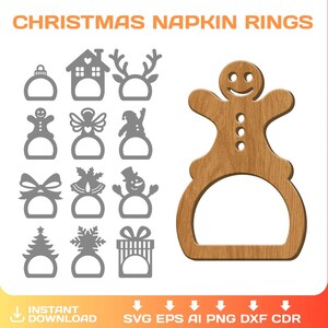Op de afbeelding: Houten peperkoeken man servetring met een lachend gezicht, naast een verzameling grijze kerstservetringen. De tekst "CHRISTMAS NAPKIN RINGS" staat bovenaan. Inclusief instant download bestandsformaten.