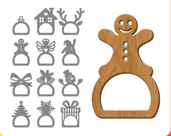 Puede incluir: Servilletero de hombre de jengibre de madera con una cara sonriente, junto a una colección de servilleteros grises con temática navideña. El texto "CHRISTMAS NAPKIN RINGS" está en la parte superior. Incluye formatos de archivo de descarga instantánea.