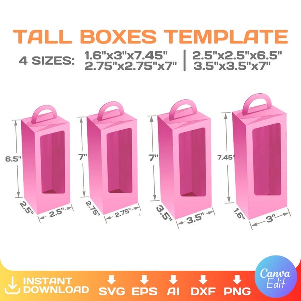 Tall Boxes BUNDLE template, DIY, party favors, tall gable box for doll, with handle & with window, svg, Cricut, png, Canva, instant download