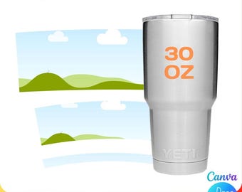May include: A 30 ounce stainless steel tumbler with a white background and the word "YETI" printed on the bottom. The tumbler is sitting on a white surface with a green and blue landscape design behind it. The text "30 OZ" is printed in orange on the side of the tumbler.