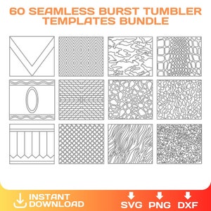 May include: A set of 12 black and white seamless patterns for tumblers. The patterns include geometric shapes, animal prints, and nature-inspired designs. The patterns are perfect for creating unique and personalised tumblers.