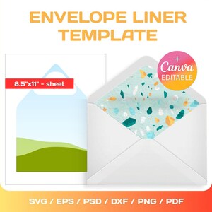 Pode incluir: Um envelope branco com um forro de padrão de terrazzo colorido. O forro é visível dentro do envelope. O envelope mede 8,5 polegadas por 11 polegadas. O texto "Canva Editable" está em um círculo com um fundo degradê.