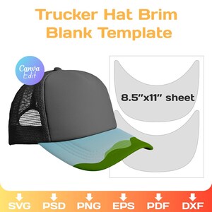 May include: A gray trucker hat with a black mesh back and a light blue and green brim. The image includes a template for the hat brim, labeled as an 8.5"x11" sheet. Text at the top reads "Trucker Hat Brim Blank Template."