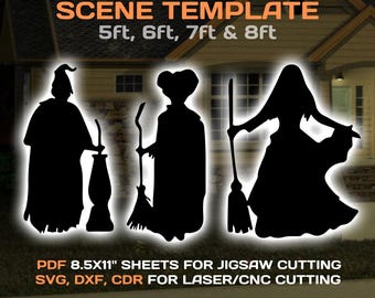 Sanderson Sisters Scene Silhouette Template, Halloween Stencils, yard outdoor decor, PDF, witches,life size, trace & cut, Instant Download