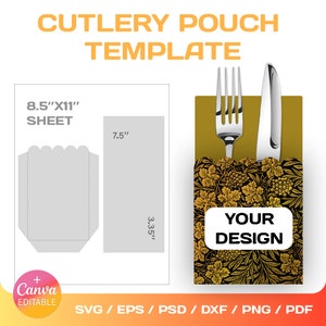 Plantilla para funda de cubiertos, plantilla en blanco para porta cubiertos, bricolaje, editable, svg, Cricut, png, Canva, descarga instantánea