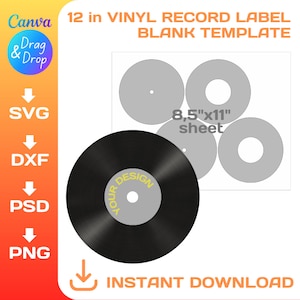 12 inch, vinylplatenlabelsjabloon, DIY, custom, platenlabelsticker, svg, png, dxf, Cricut, Canva, Instant Download