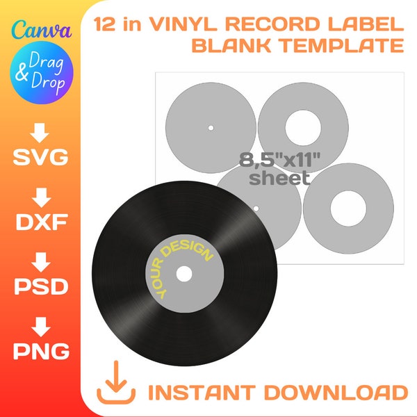 12 inches, Vinyl Record label template, DIY, custom, Record Label Sticker, svg, png, dxf, Cricut, Canva, Instant Download