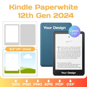 May include: A Kindle Paperwhite 12th Gen 2024 e-reader with a black bezel and a screen displaying text. The image includes a blue cover with "Your Design" text, and a graphic showing an 8.5"x11" sheet. The image also includes file format icons.