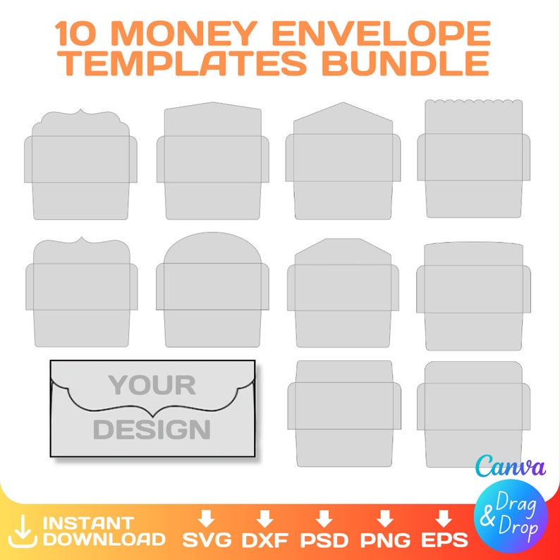 Puede incluir: Diez plantillas de sobres para dinero imprimibles en un paquete. Las plantillas son en blanco y negro y tienen diferentes dise&ntilde;os. El texto "YOUR DESIGN" est&aacute; en una de las plantillas.