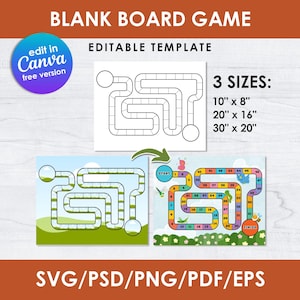 Puede incluir: Una plantilla de juego de mesa en blanco con un diseño de laberinto, disponible en tres tamaños: 25,4 cm x 20,3 cm, 50,8 cm x 40,6 cm y 76,2 cm x 50,8 cm. La imagen incluye un ejemplo de tablero de juego con ilustraciones coloridas y los textos "START" y "FINISH".