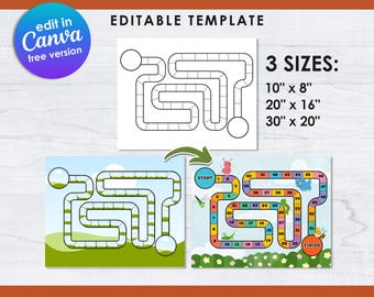 Op de afbeelding: Een blanco bordspel sjabloon met een doolhofontwerp, verkrijgbaar in drie formaten: 25,4 cm x 20,3 cm, 50,8 cm x 40,6 cm en 76,2 cm x 50,8 cm. De afbeelding bevat een voorbeeld van een spelbord met kleurrijke illustraties en de tekst "START" en "FINISH".