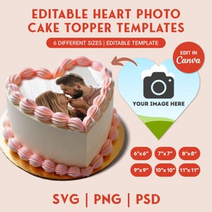 バーンアウェイケーキトッパーテンプレート、カスタム、ハート型ケーキトッパー、印刷可能、SVG、Canva、シュガーフロスティング、ウェーハペーパー、独自の画像を追加