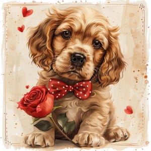 Könnte beinhalten: Aquarell-Illustration eines goldenen Cocker Spaniel-Welpen mit roter Schleife mit weißen Punkten und einer roten Rose. Das Bild hat einen Vintage-Look mit kleinen roten Herzen, die um den Welpen verstreut sind.