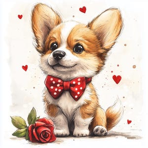 May include: A watercolor illustration of a cute corgi puppy wearing a red bow tie with white polka dots. A red rose and floating red hearts are also in the image. The puppy has brown and white fur and big, expressive eyes.