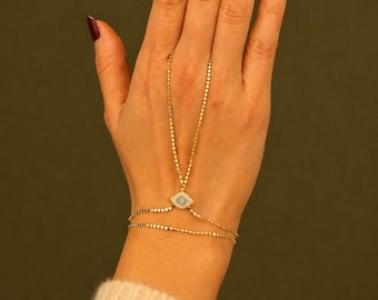 Evil Eye Hand Chain, Gold Dainty Hand Harness Bracelet, Gift for Her