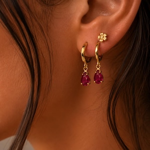 Ruby Dangle Hoop Earrings, 925 Sterling Silver, July Birthstone