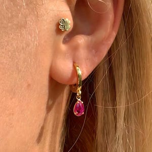 Orecchini a cerchio pendenti con rubino, argento sterling 925, pietra portafortuna di luglio