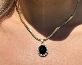 Black Onyx Pendant Necklace, 18k Gold Filled Chain
