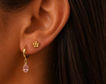Pink Tourmaline Hoop Earrings, 925 Sterling Silver, October Birthstone