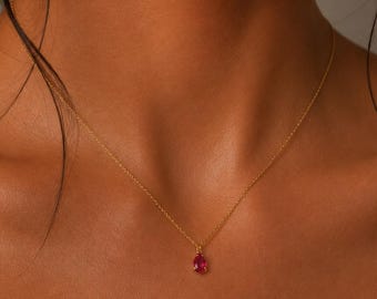 Dainty Ruby Pendant Necklace, 925 Sterling Silver, July Birthstone