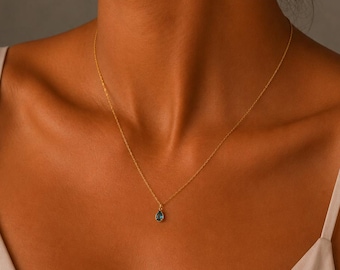 Blue Topaz Teardrop Necklace, 925 Sterling Silver Gold Plated, Dainty December Birthstone Jewelry