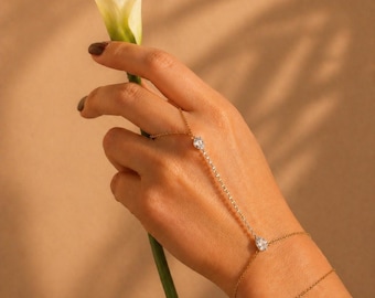 Gold Crystal Hand Chain Bracelet, Minimal Elegant Hand Harness, Bridal Jewelry